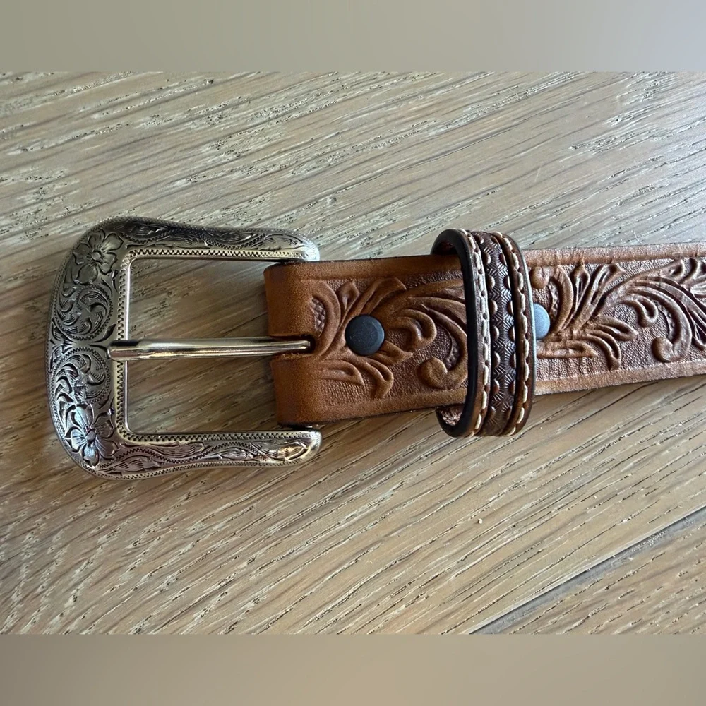 Tony Lama Kids Toddler Tooled Leather Brown Belt with Silver Buckle Cowboy